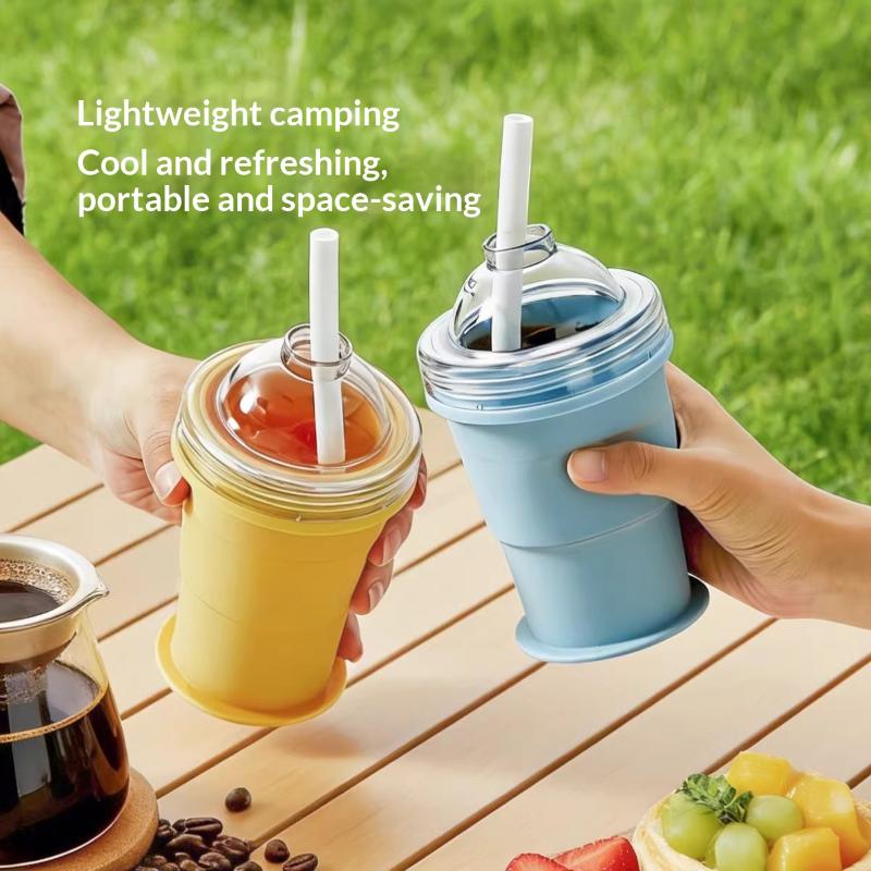 Travel Kitchen Accessories - Składany silikonowy kubek podróżny 2w1, szczelny,